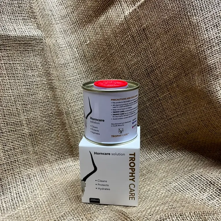 Trophy Care Horncare Solution 200ml tin and carton on hessian